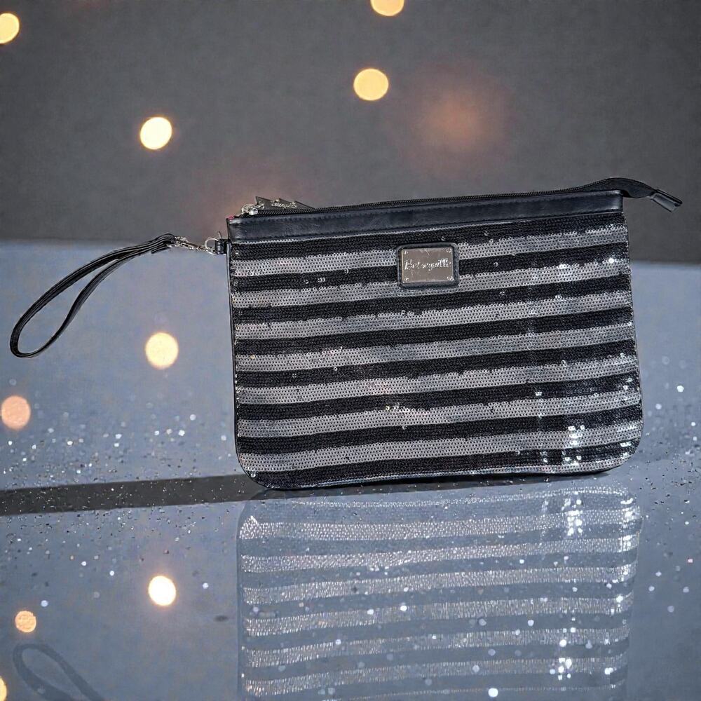 Betsey Johnson Betseyville Black & Silver Faux Leather Sequins Clutch Wristlet